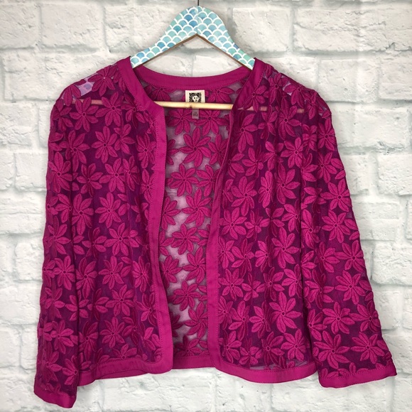 Anne Klein Sweaters - Anne Klein Floral Lace Mesh Cardigan Fuschia